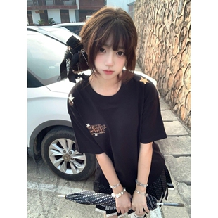 230克上衣三本针 T恤女夏新款 高级感美式 复古贴布字母刺绣宽松短袖