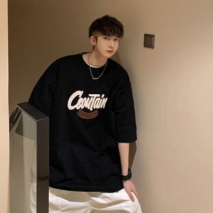 260gt恤港风五分袖毛巾绣字母短袖t恤男生青少年美式字母刺绣