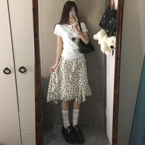 韩系不规则波点蛋糕短裙女夏季薄小个子a字半身裙网纱五分裙中裙