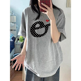 新款 T恤女夏季 230上衣三本针 复古贴布字母刺绣宽松短袖 高级感美式