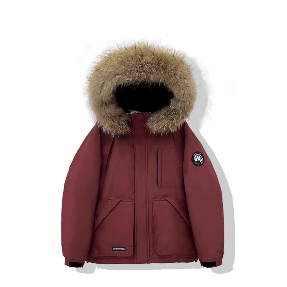 藏蓝色羽绒服女工装派克服短款小个子大毛领冬季连帽情侣新款保暖