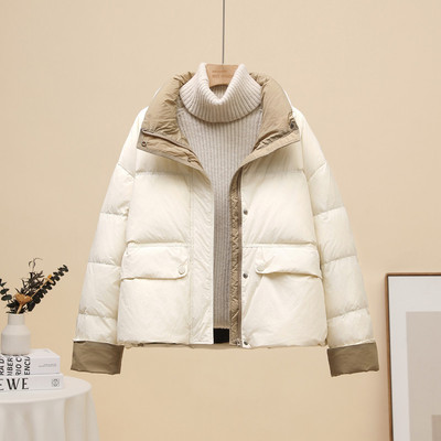 羽绒服女短款2025冬季韩版拼色加厚保暖白鸭绒面包服小个子外套潮