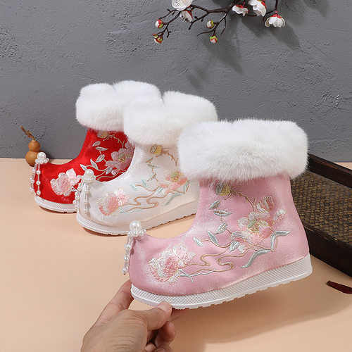 悦淇棉靴  加绒古风鞋冬季棉靴汉服女童绣花鞋儿童中国风古装棉鞋