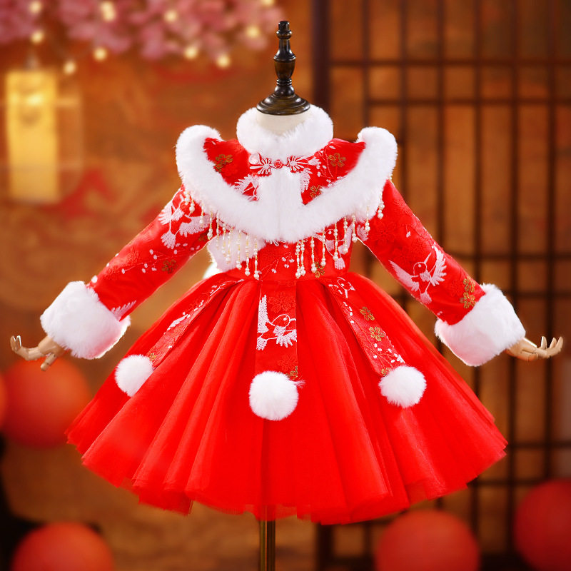 女小童汉服拜年服加绒保暖旗袍小女孩公主裙新中式连衣裙子新年款