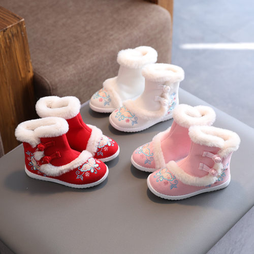 冬季女童汉服鞋子老北京布鞋古风儿童绣花鞋加绒短靴中国风拜年鞋