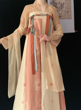 汉唐华韵原创汉服女扶摇唐制一片式齐胸破裙印花裙子新款橙色套装