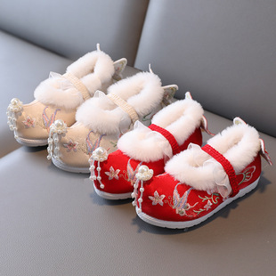 古风宝宝搭配马面裙翘头棉鞋 女童汉服鞋 儿童绣花鞋 加绒古装 子冬季