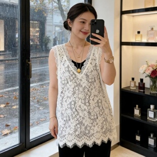 夏季 叠穿显瘦上衣潮 300斤百搭休闲宽松蕾丝镂空V领背心女胖MM大码