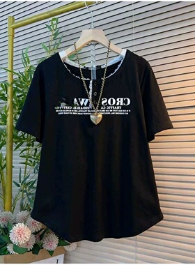 特大码女装蕾丝拼接短袖印花T恤胖mm2-300斤夏季宽松遮肉显瘦上衣