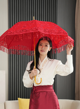 新娘伞高级流苏出门红伞结婚出嫁婚庆婚礼用长柄红色雨伞