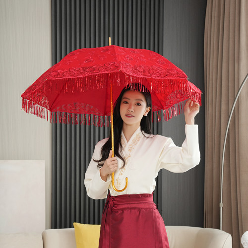 高级流苏结婚红伞双层复古长柄