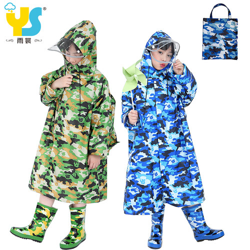 长款全身带书包位迷彩儿童雨衣