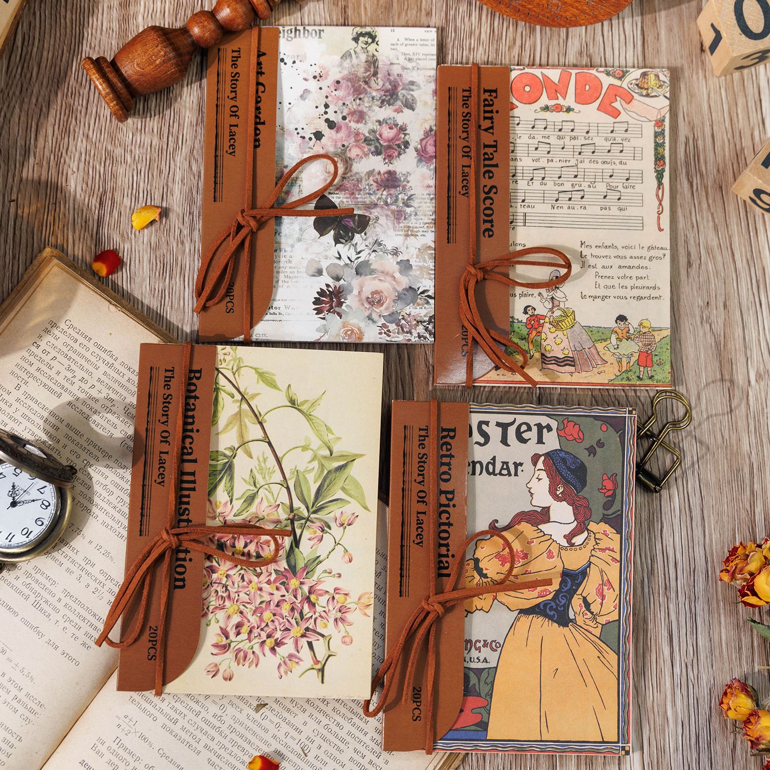 美式复古素材包20张入 莱西的故事系列 花卉人物乐谱手帐装饰打底