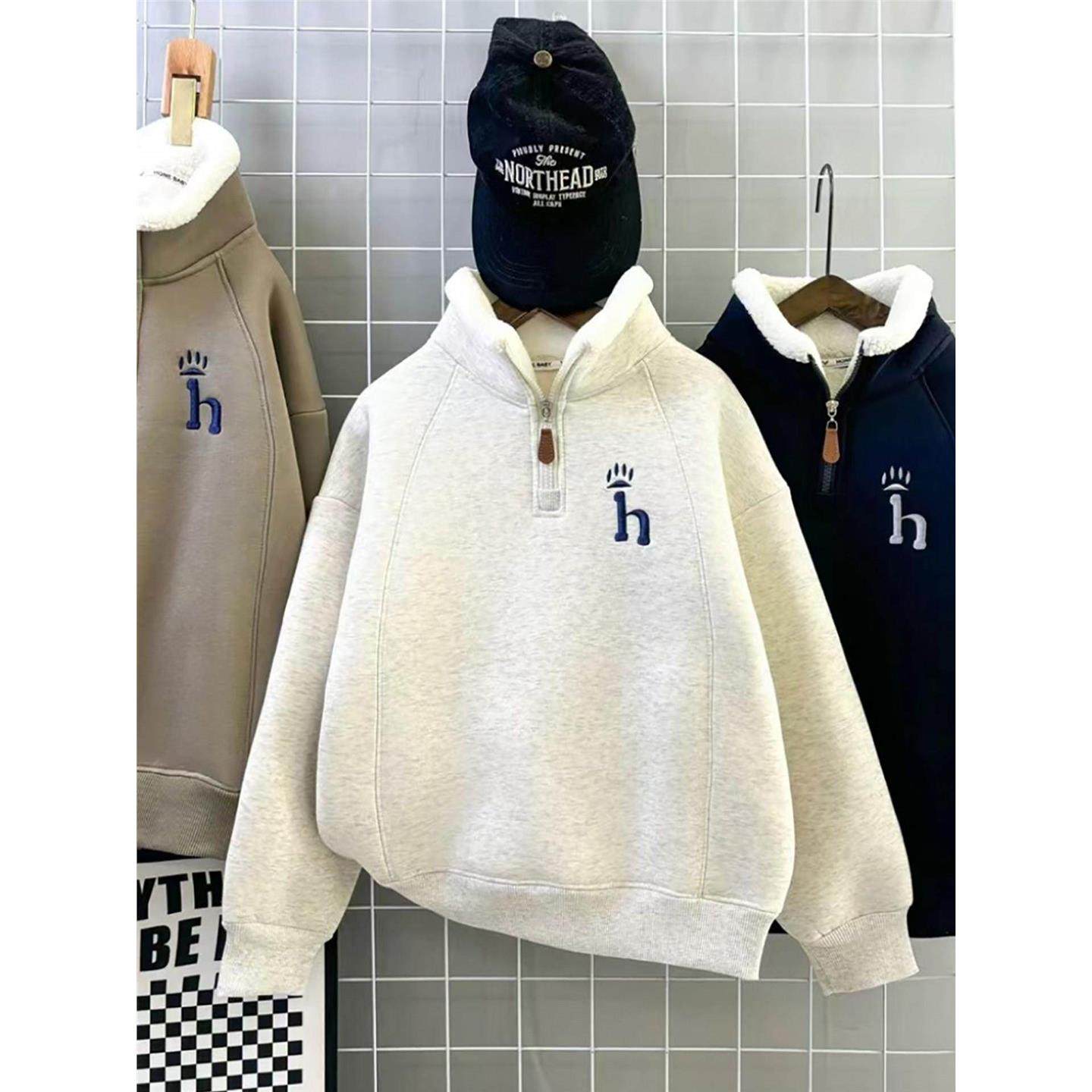 男女童加绒半拉链刺绣卫衣冬季中大童加厚上衣儿童羊驼绒保暖衣服