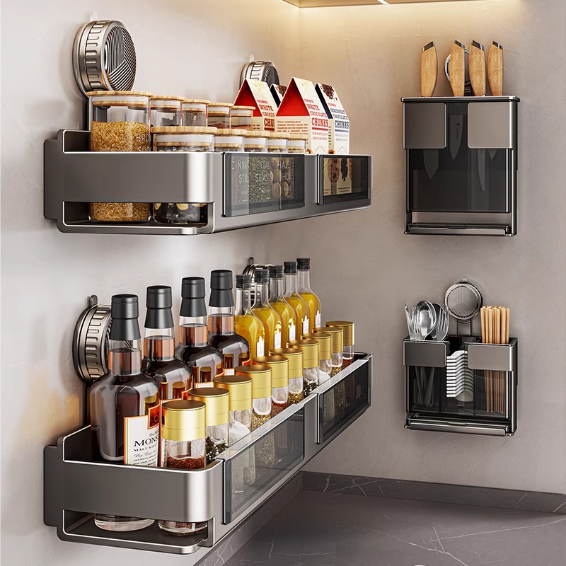 厨房吸盘置物架壁挂调味品调味罐架墙上挂钩多功能刀架收纳层架子