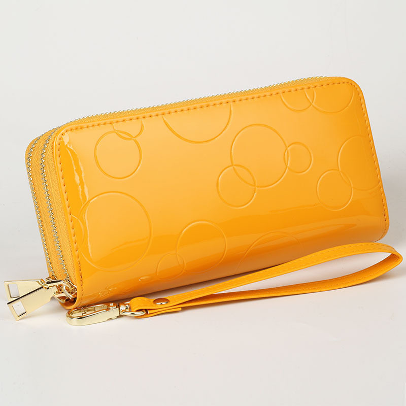 日本品质黄色钱包女士2025新款漆皮钱夹双拉链链亮皮手拿包大容量