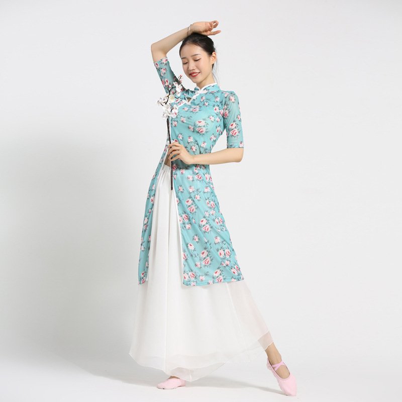 日本无印MUJIE古典舞旗袍舞蹈服飘逸身韵印花纱衣中国舞练功服旗