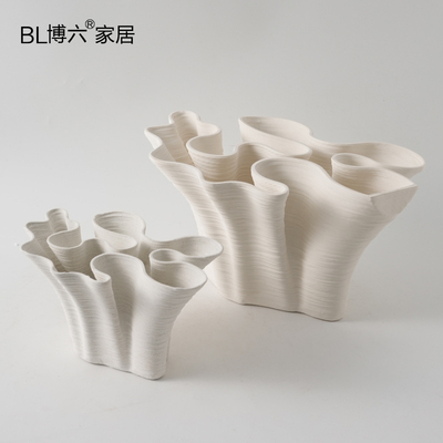 异形口米色花瓶客厅装饰品陶瓷