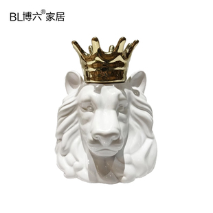 现代简约北欧风格金色皇冠狮子头摆件陶瓷储物罐样板房售楼处饰品