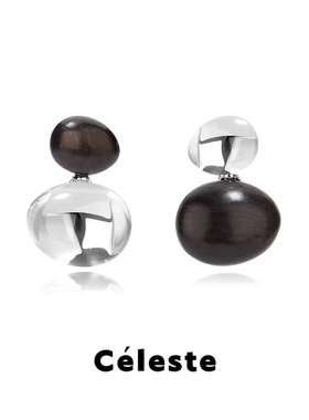 Céleste 椭圆白水晶黑檀木拼接耳环女原创设计复古高级感耳钉