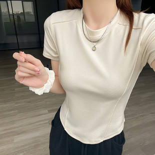 MKKELIN不规则圆领正肩短袖t恤女夏季法式掐腰设计感鱼骨短款上衣