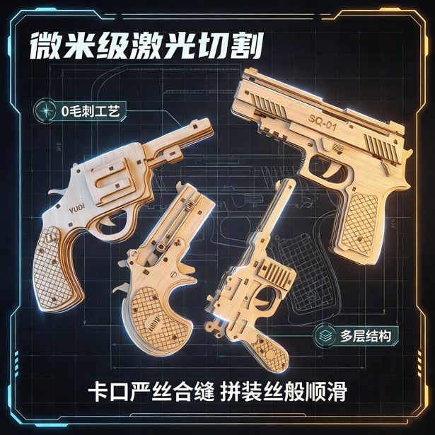 木质拼装枪木质拼装模型皮筋枪拼图3d立体儿童益智玩具手工小制作