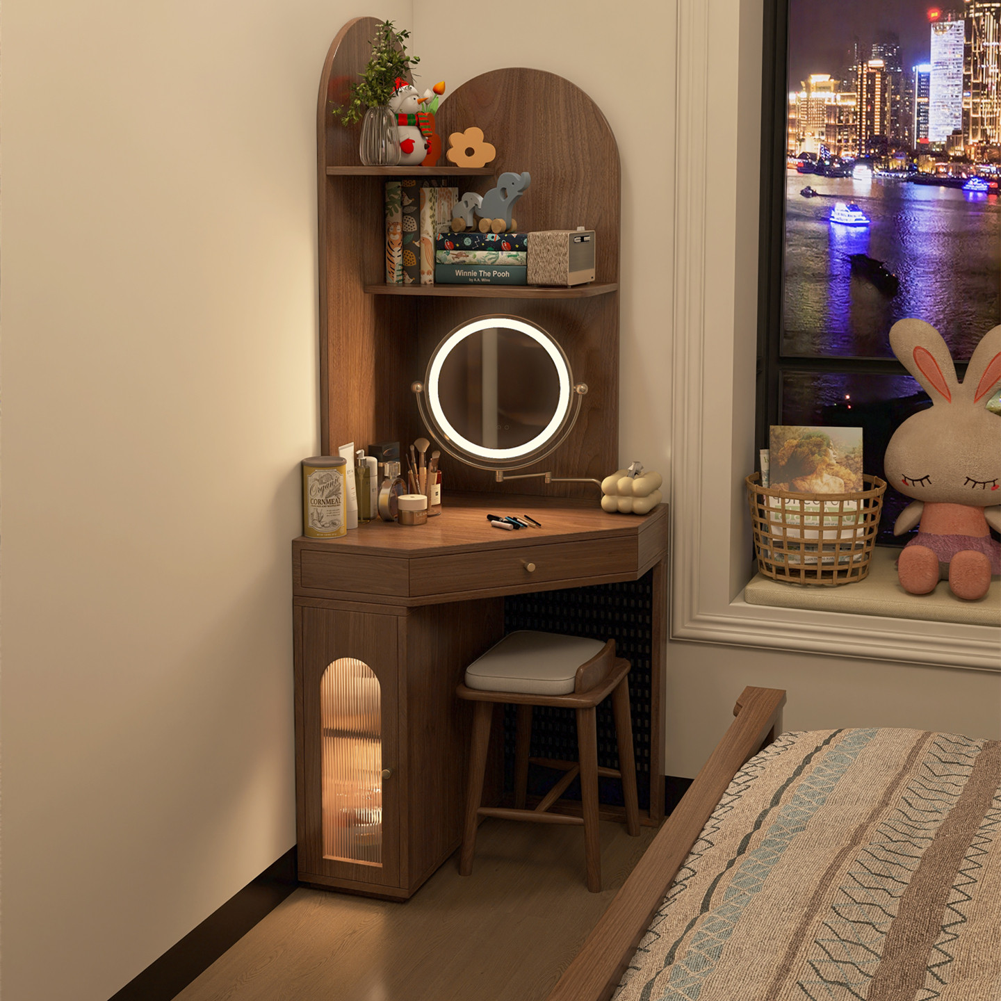 奢屋家具  全实木转角梳妆台斗柜一体中古风卧室化妆桌小户型