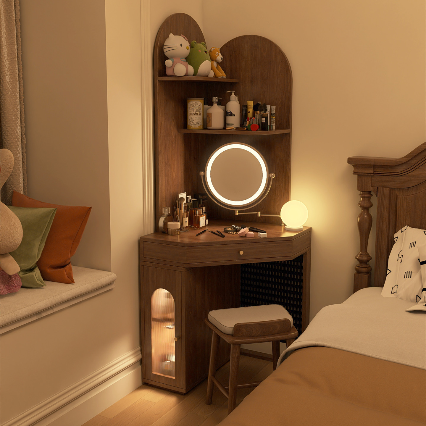 奢屋家具  全实木转角梳妆台斗柜一体中古风卧室化妆桌小户型