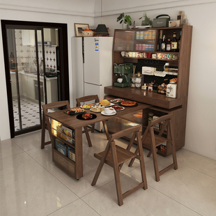 奢屋家具实木旋转岛台餐桌一体家用可伸缩小户型多功能餐边柜餐桌