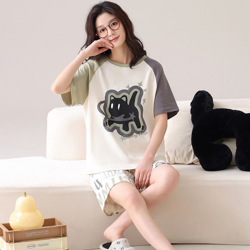 玲玲家女士夏季新款2025纯棉圆领短袖短袖简约黑猫睡衣套装可外穿,女士内衣/男士内衣/家居服,睡衣/家居服套装,淘宝优惠券,粉丝福利购,淘宝优惠卷