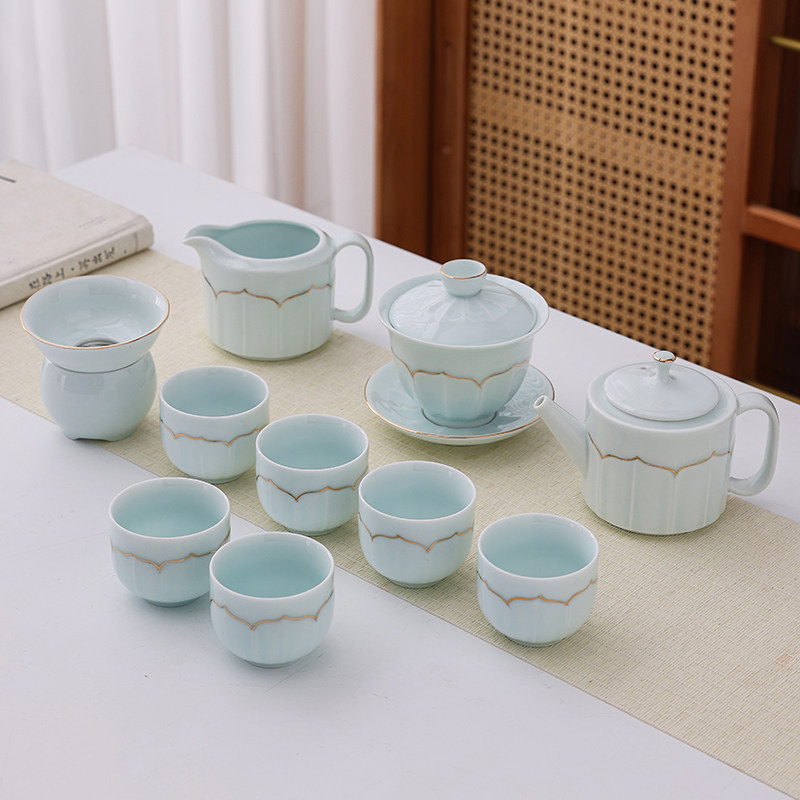 陶瓷功夫茶具套装手绘青瓷主人单杯简约三才盖碗茶壶个人泡茶器