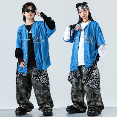 儿童街舞潮服男童嘻哈风迷彩裤少儿hiphop套装女童爵士舞表演服装