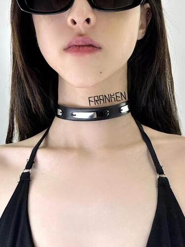 新款原创挂坠未来感项圈punk合金链条颈链脖圈摇滚男女头层皮