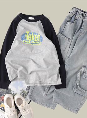 吴小越w1969男童圆领拼色数码印花打底衫春款韩版t恤中大童