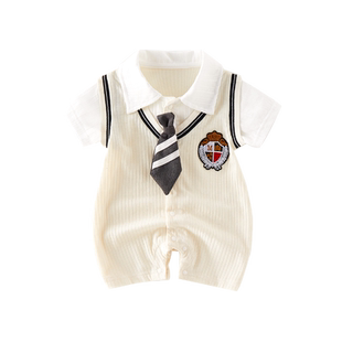 新生婴儿衣服夏装男宝宝学院风连体衣夏季薄款满月百天周岁哈衣潮
