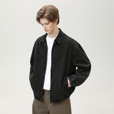 水洗做旧工装牛仔夹克秋款短宽廓形领口印花设计潮流复古宽松外套