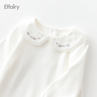 Elfairy婴儿打底衫 白T恤春秋宝宝纯棉内搭儿童娃娃领上衣 女童长袖