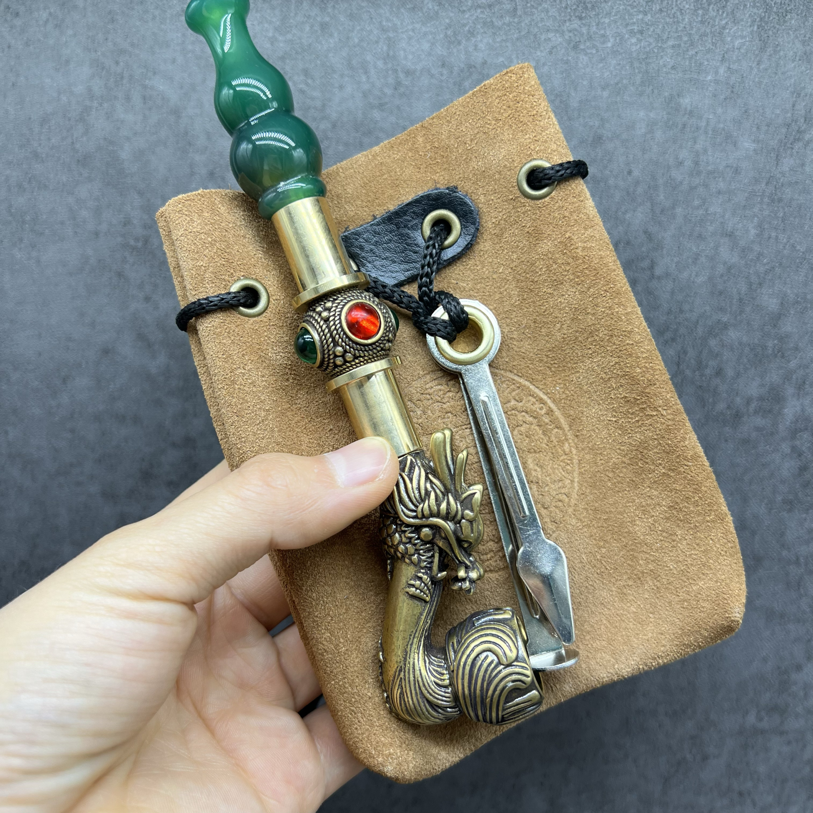 绿嘴葫芦玛瑙四钻龙头纯手黄铜加烟袋子三件套老式烟斗旱烟袋烟嘴