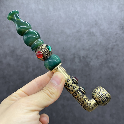 招财进宝绿葫芦嘴绿玛瑙珠子四钻一档黄铜老式烟斗旱烟袋掌中宝把