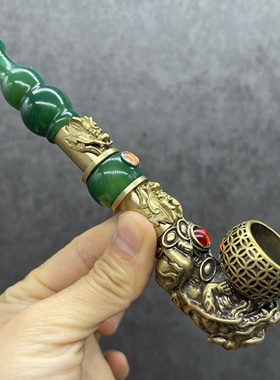 绿色貔貅二龙戏珠旱烟锅烟斗老式烟斗旱烟袋掌中宝把件把玩工艺品