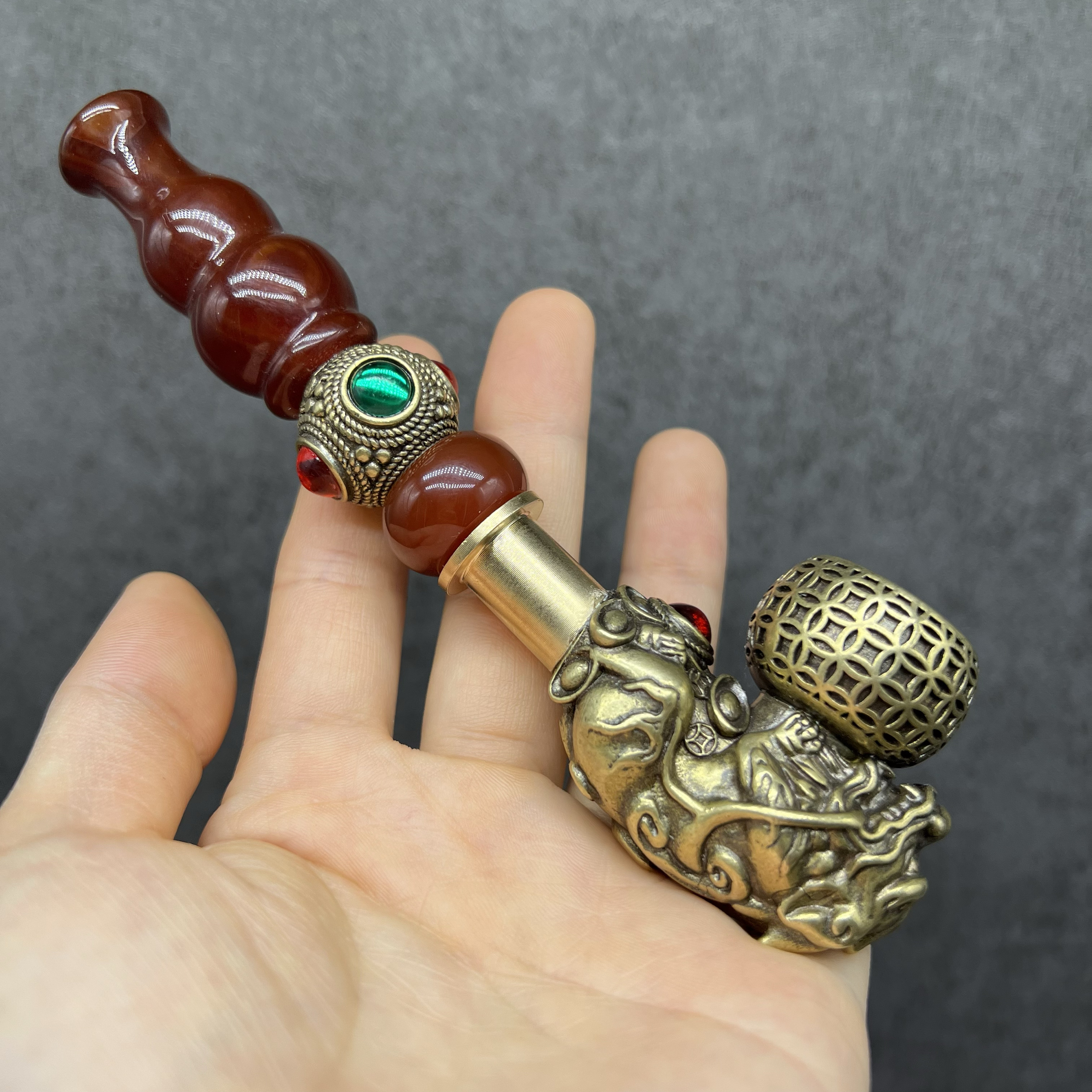 黄铜貔貅烟锅一档红珠子四钻红玛瑙葫芦嘴旱烟袋老是烟斗手工雕刻