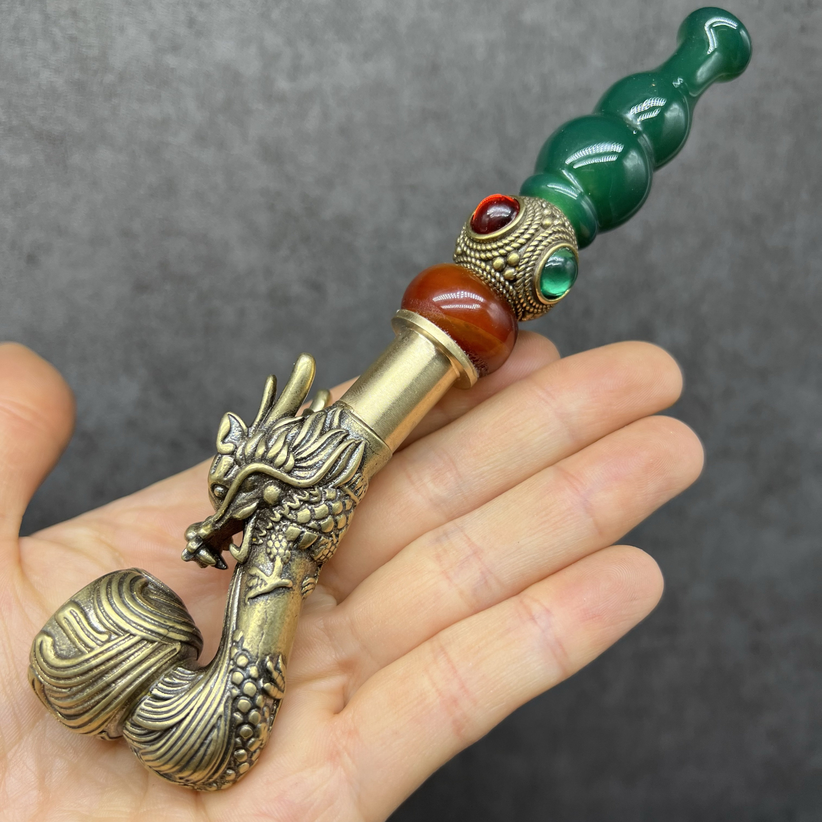 绿葫芦嘴黄铜四钻红珠子一档黄铜龙头烟锅旱烟袋把玩老式烟斗烟嘴