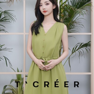 T`CREER 晴色入青山 无袖连衣裙女V领收腰夏季女显瘦气质