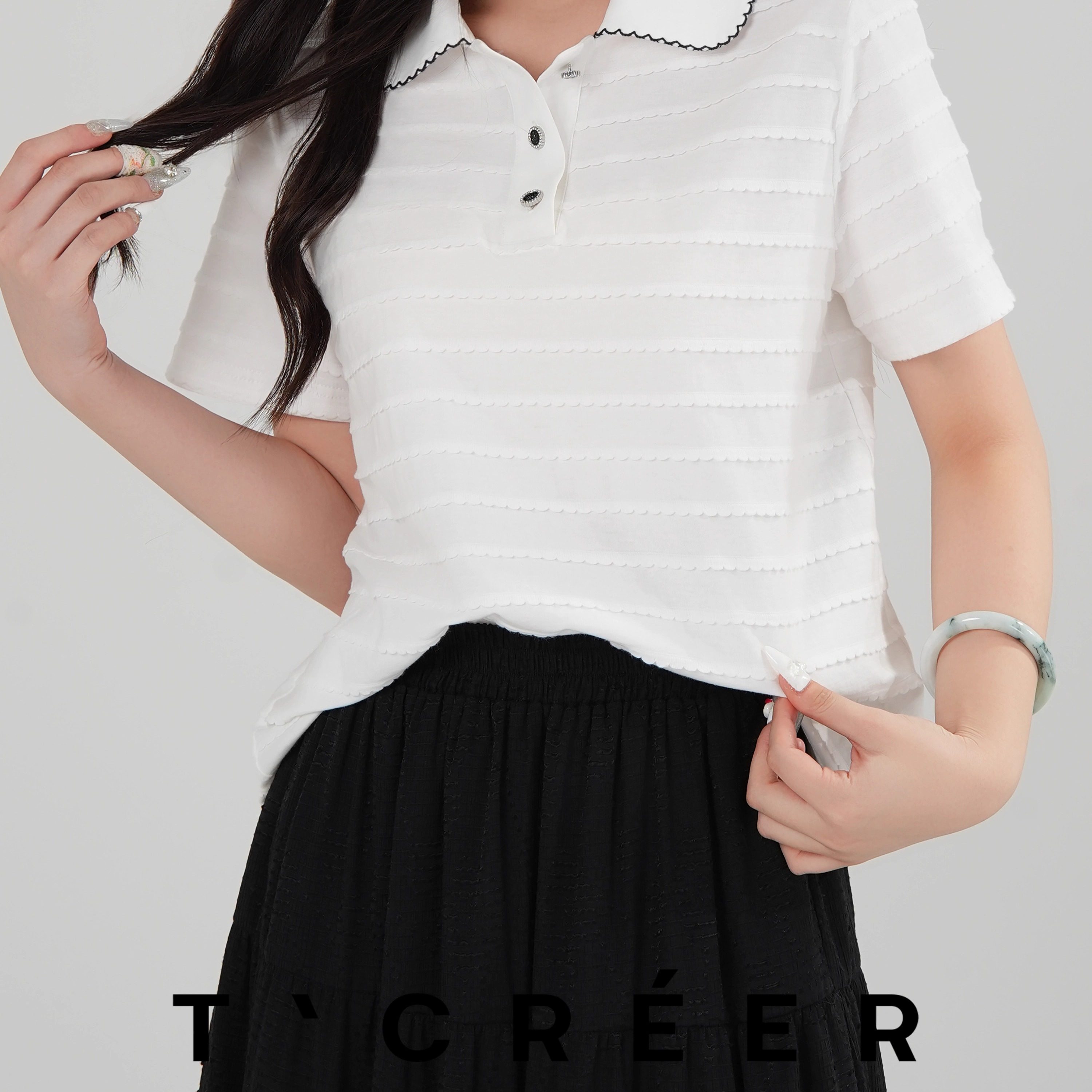 T`CREER｜【皎如日星】娃娃领条纹短袖上衣女2025新款夏季,女装/女士精品,上衣,淘宝优惠券,粉丝福利购,淘宝优惠卷