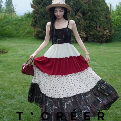 T`CREER｜风眠晚渡 夏季纯欲多层撞色拼接波点收腰吊带裙子女