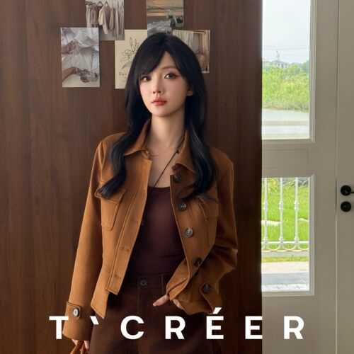 T`CREER｜ 驼野工装 早秋仿麂皮绒翻领工装口袋短款外套女