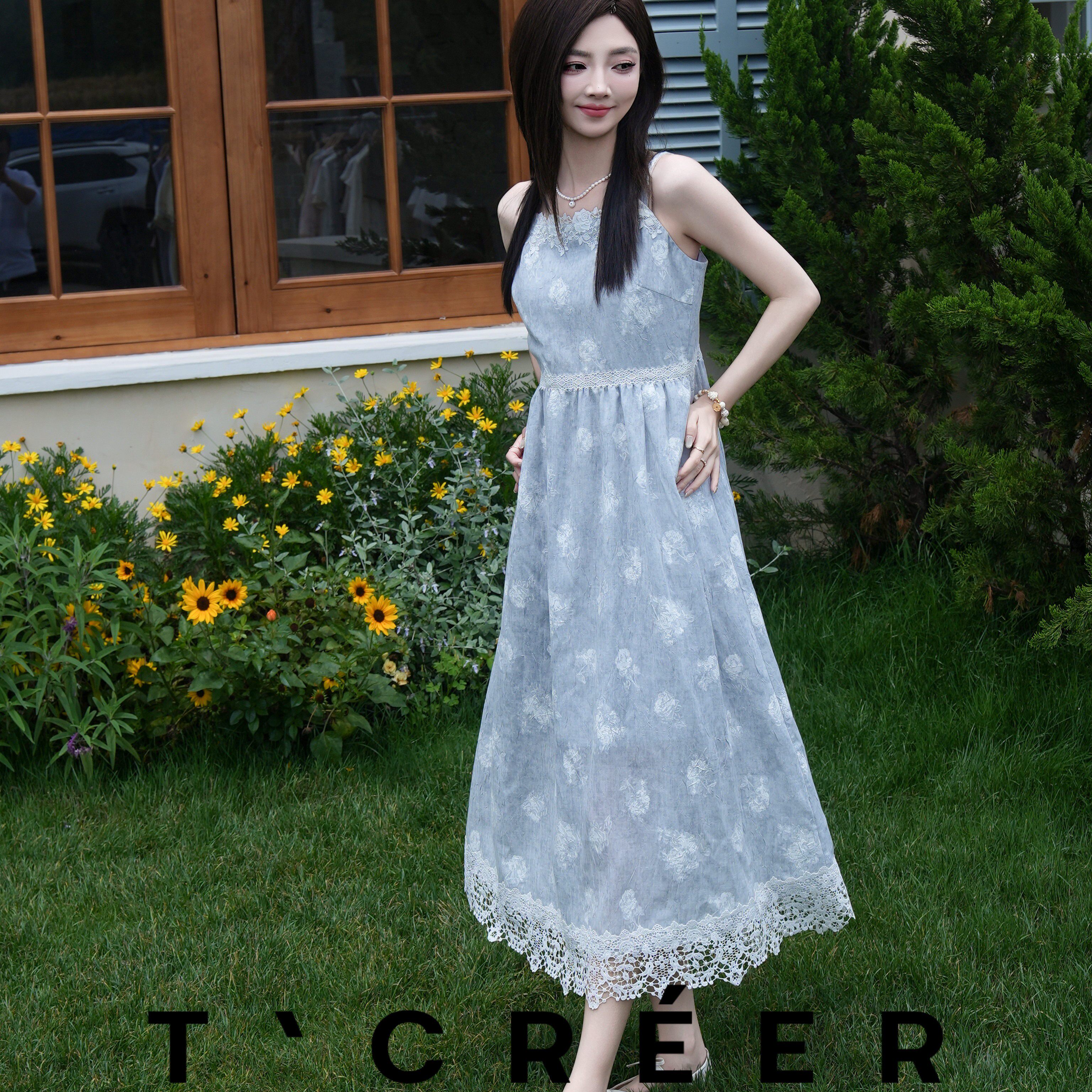 T`CREER｜【观云序】海岛度假碎花吊带连衣裙女蕾丝边收腰显瘦