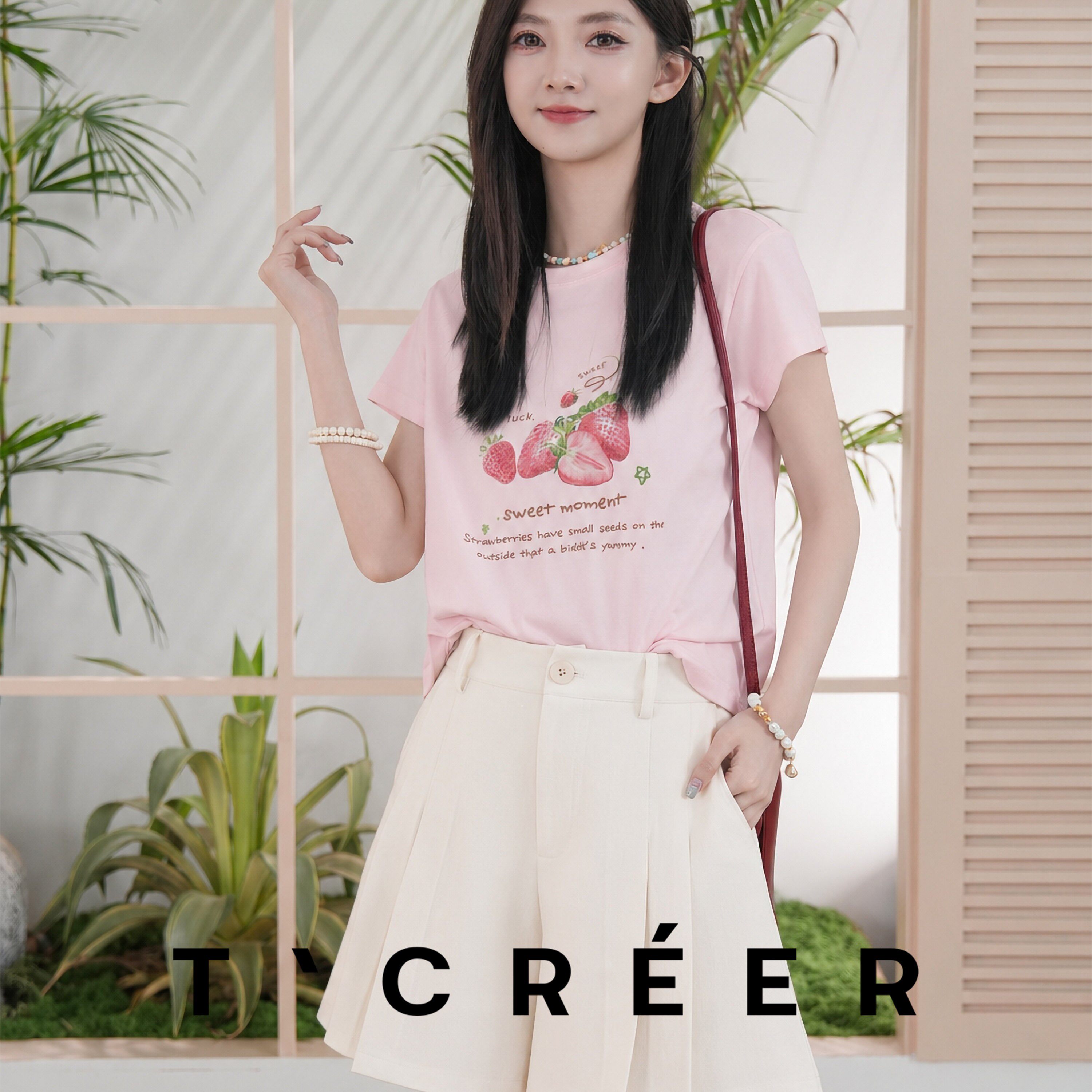 T`CREER 浮云朝露 韩版ins风草莓印花短袖夏季女宽松百搭上衣