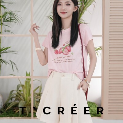 T`CREER 浮云朝露 韩版ins风草莓印花短袖夏季女宽松百搭上衣