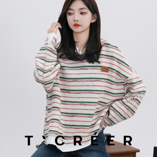 T`CREER｜ 韩系撞色条纹休闲减龄气质连帽上衣女 祈棠春雪